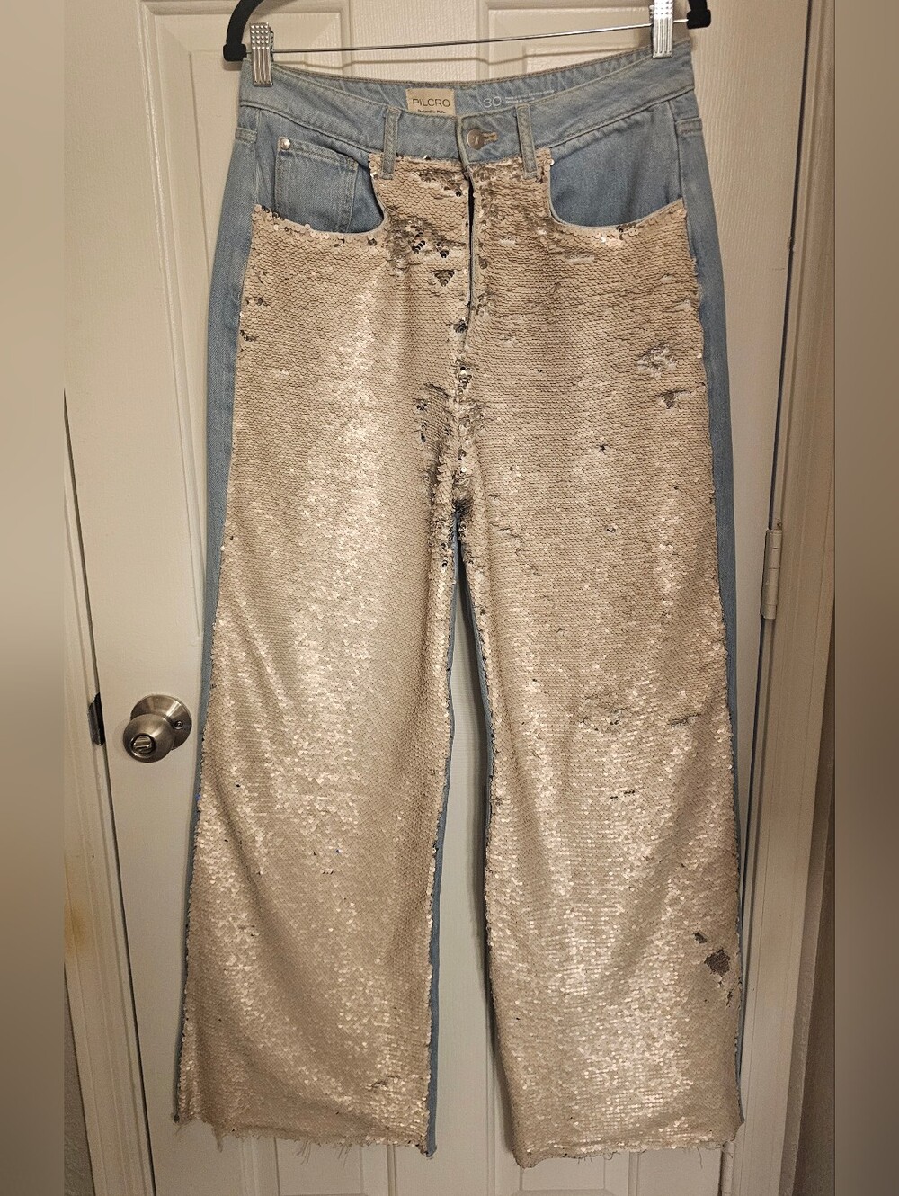 PILCRO Anthropologie Champagne Sequin Front Wide Leg High Rise Jeans 30 - Picture 6 of 8